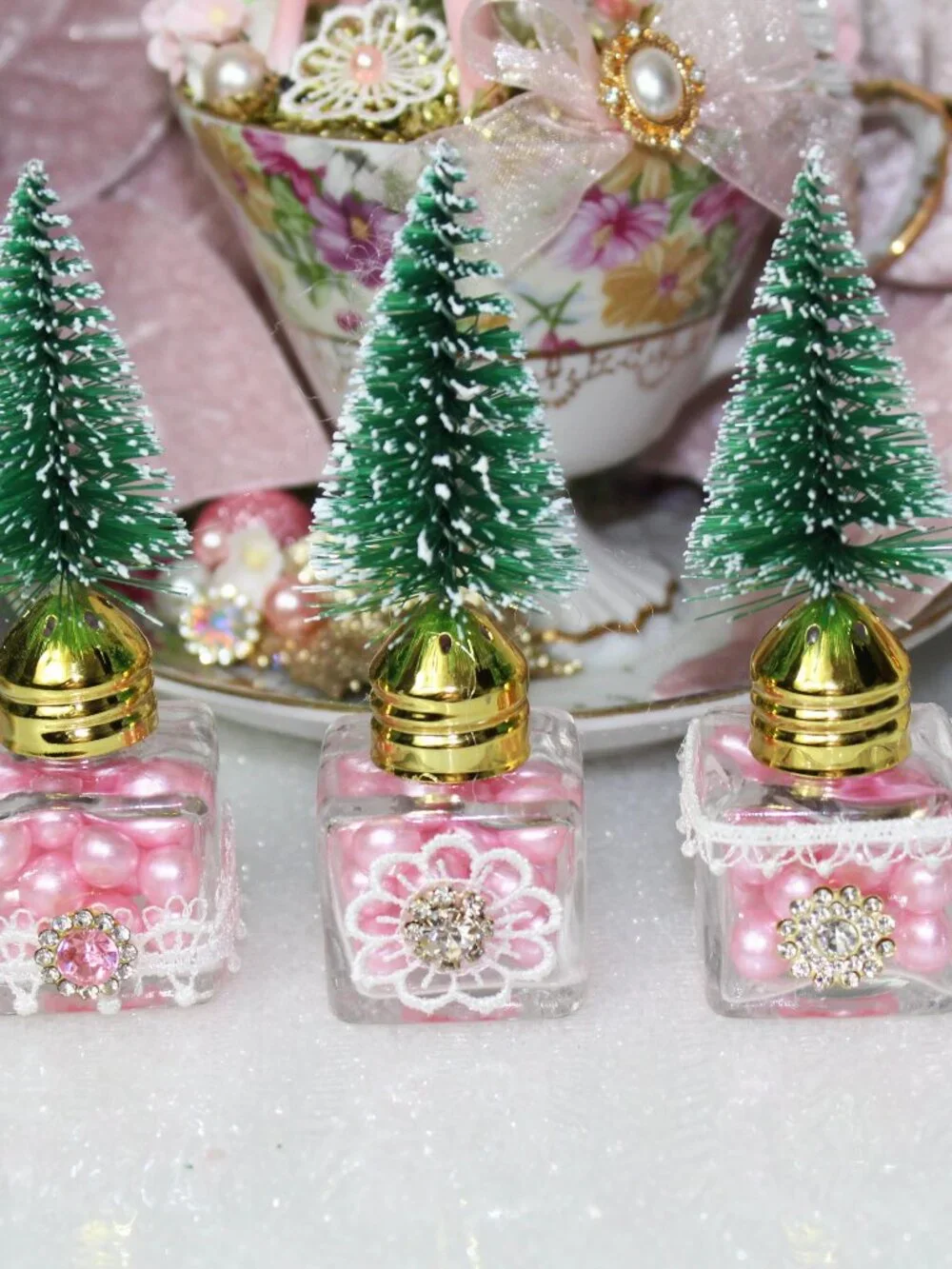 Shabby Chic Pink Christmas Bottle Brush Tree Set - Vintage Style - Salt & Pepper